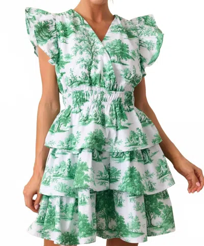 Prosperina Bridget Eden Toile Ruffle Mini Dress In Green In Green