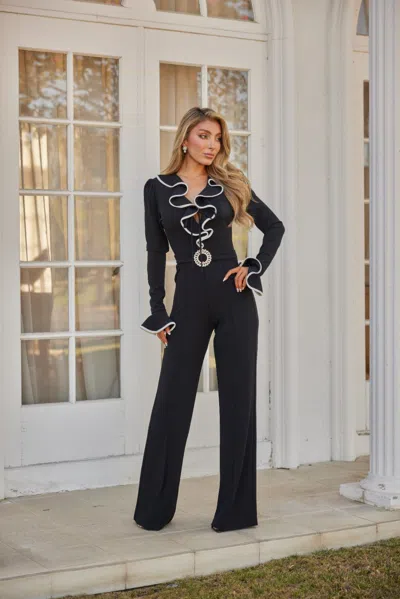 Truedames Ruffle Pattern Long Sleeve Jumpsuit In Black