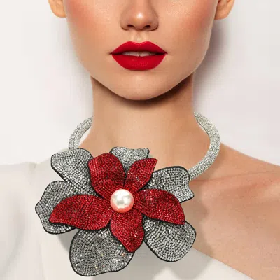 Fashnzfab Pearl Centered Bling Studded Oversized Flower Pointed Necklace In Red