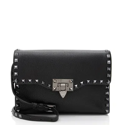 Valentino Grainy Calfskin Rockstud Flip Lock Flap Small Crossbody In Black