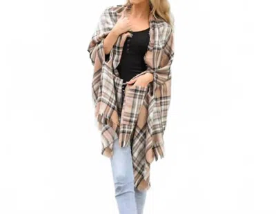 Leto Classic Plaid Pocket Ruana Shawl Wrap In Beige In Sand