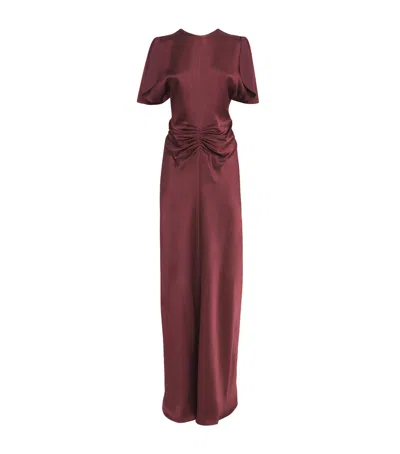 Victoria Beckham Maroon Crew Neck Gathered Waist Dress In Burgundy