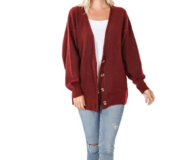Zenana Melange Button Down Cardigan In Burgundy In Red