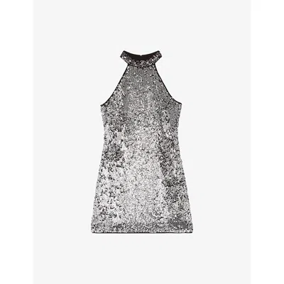 The Kooples Womens  Sleeveless Sequin-embellished Woven Mini Dress In Silver