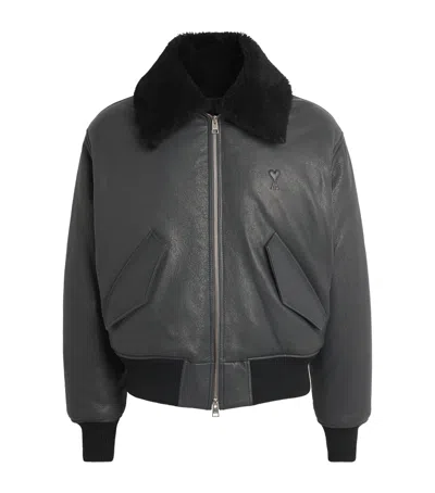 Ami Alexandre Mattiussi Leather Bomber Jacket Shearling Collar In Black