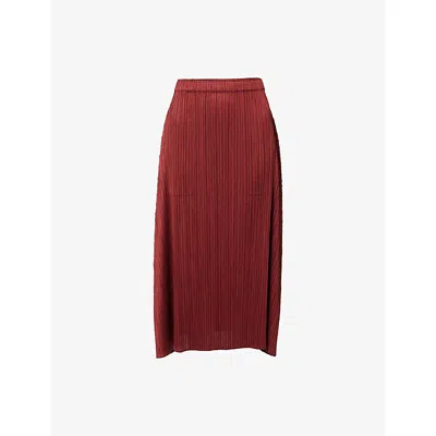 Issey Miyake Womens Pleats Please  Plisse Knitted Midi Skirt In Burgundy