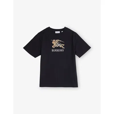 Burberry Appliqué Check Logo Cotton T-shirt 4-14 In Black