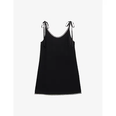 Prada Womens Black Crystal-embellished Scoop-neck Woven Mini Dress In Black