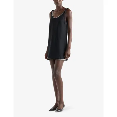 Prada Womens Black Crystal-embellished Scoop-neck Woven Mini Dress In Black