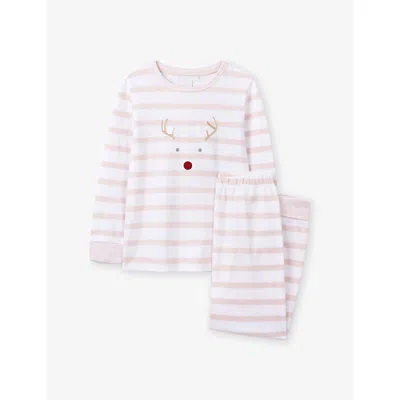 The Little White Company Striped Reindeer Two-piece Cotton Set 2-12 In Pink