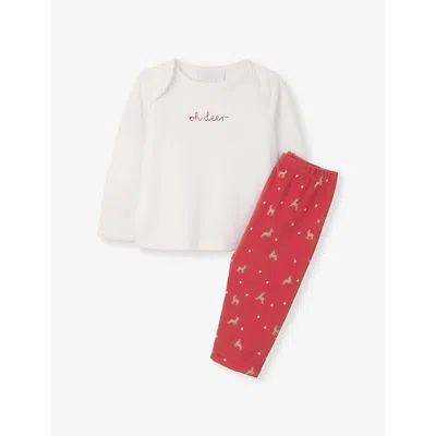 The Little White Company Oh Deer Long-sleeve Embroidered Velour Organic Cotton-blend Pyjamas 0-24 In Multi