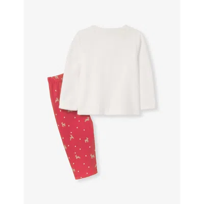 The Little White Company Oh Deer Long-sleeve Embroidered Velour Organic Cotton-blend Pyjamas 0-24 In Multi