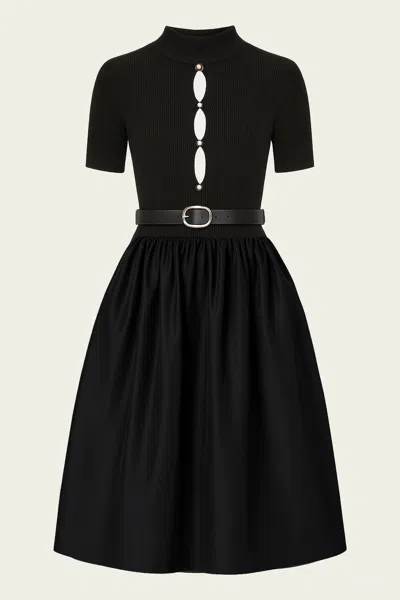 Self-portrait Black Knit Taffeta Midi Dress In Black