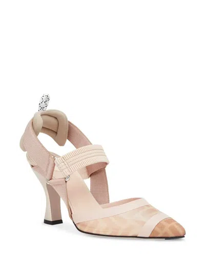 Fendi Black Leather And Mesh Slingbacks With Medium Heel In Multicolor