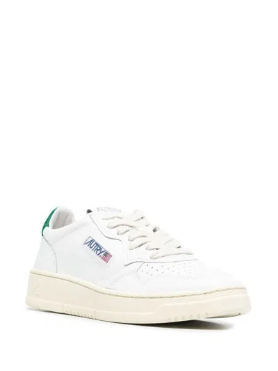 Autry Medalist Low Sneakers In White And Green Leather Shoes In White