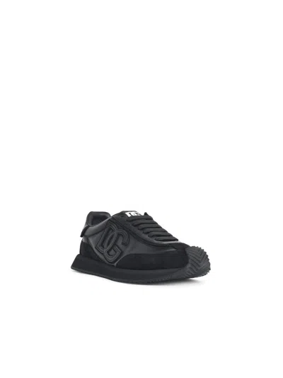 Dolce & Gabbana Round Toe Leather Sneakers With Suede Accents In Black