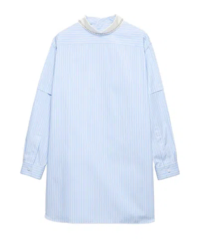 Prada Besticktes Gestreiftes Top Aus Popeline In Blue
