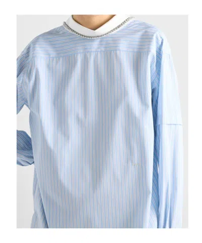 Prada Besticktes Gestreiftes Top Aus Popeline In Blue