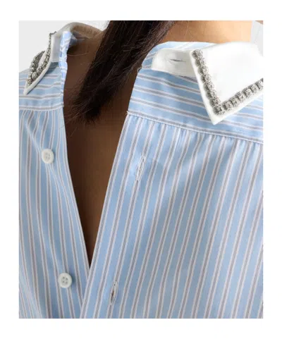 Prada Besticktes Gestreiftes Top Aus Popeline In Blue