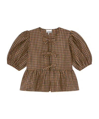 Ganni Crinkled Check Blouse In Brown