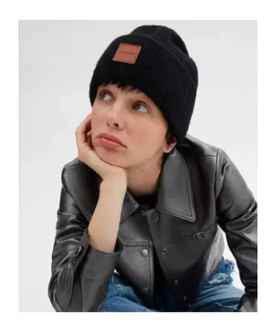 Coach Knit Beanie With Leather Patch In Blue