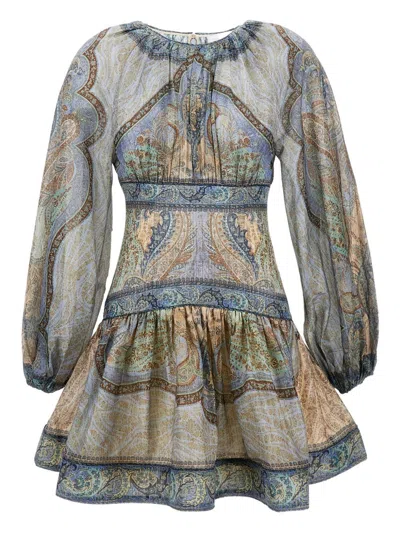 Zimmermann Wanderlust Multicolor Crewneck Mini Dress With Puffed Long Sleeves And All-over Print In Cotton And  In Gray
