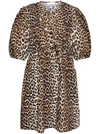 Ganni Brown Leopard Printed Cotton Tie String Minidress In 943 Leopard