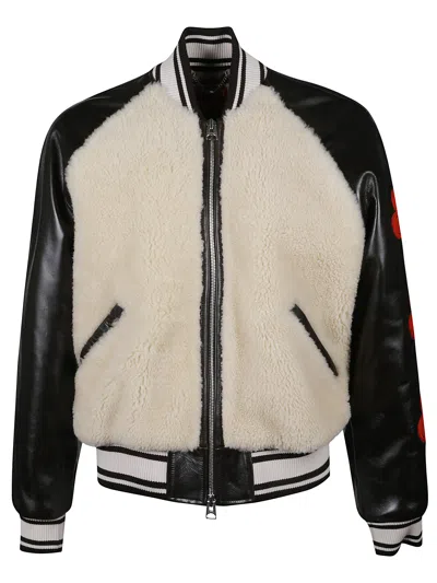 Kenzo Beige Shearling-effect And Brown Leather Bomber Jacket In Black