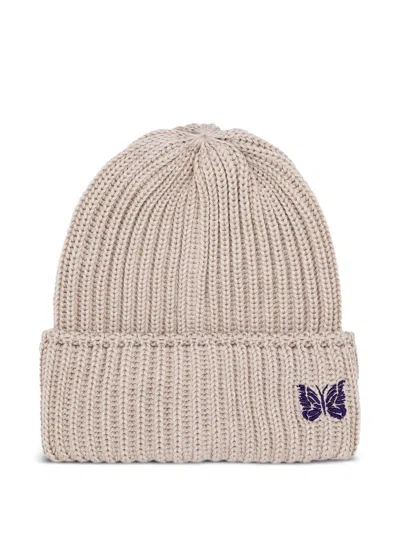 Needles Rib-knit Embroidered-butterfly Beanie In Black