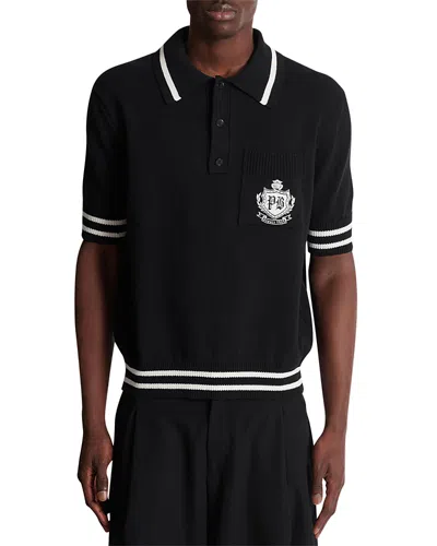 Balmain College Emblem Short Sleeve Polo Sweater In Black