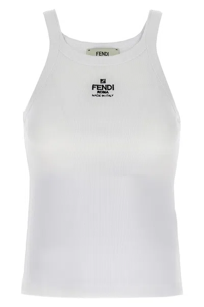 Fendi Women White Ribbed Tank Top With Contrasting Logo Embroidery In Stretch Cotton Woman