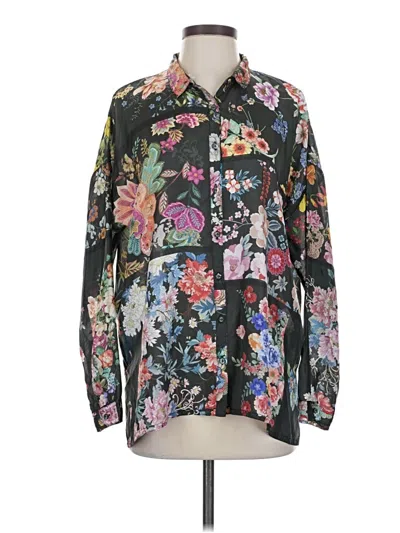 Pre-owned Johnny Was Long Sleeve Silk Top Black Floral Pattern Collared Neckline Tops