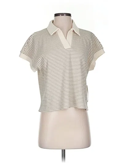Pre-owned Atelier Short Sleeve Top Ivory Stripes Pattern Collared Neckline Tops In White
