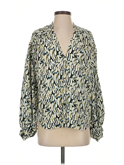 Pre-owned Joie 3/4 Sleeve Silk Top Green Animal Print Pattern Plunge Neckline Tops