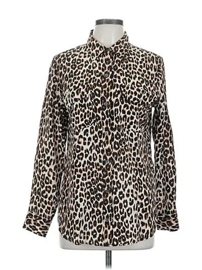 Pre-owned Equipment Long Sleeve Silk Top Brown Animal Print Pattern High Neck Tops