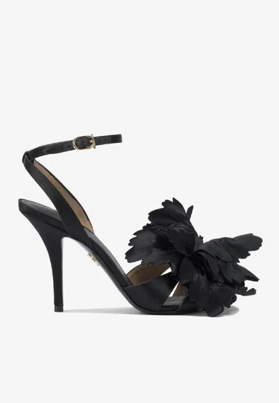 Ferragamo Black Satin Flower Sandals In Black