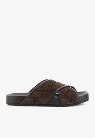 Bottega Veneta Tarik Intrecciato Suede Leather Slides In Brown