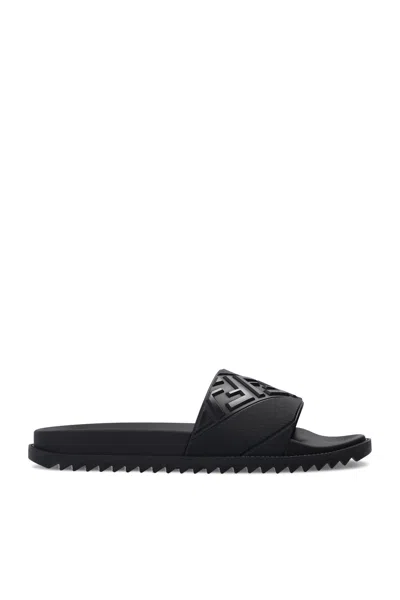 Fendi Rubber Slides With High Strap And Embossed Ff Motif Shoes In Black