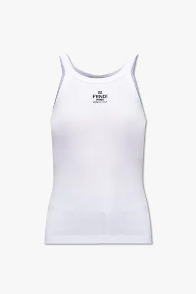Fendi Women White Ribbed Tank Top With Contrasting Logo Embroidery In Stretch Cotton Woman In White