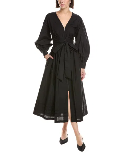 Marchesa Notte Poplin V-neck Midi Dress In Black