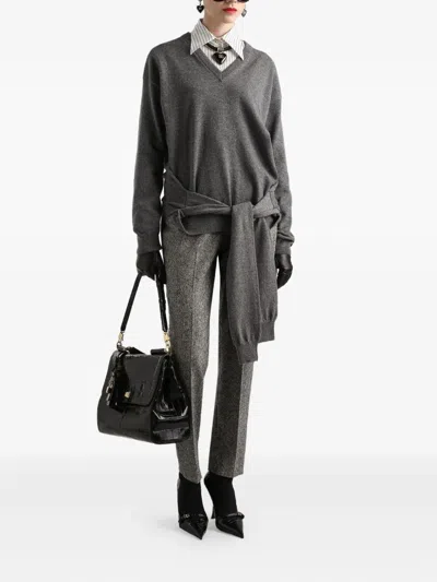 Dolce & Gabbana V-neck Knotted Cashmere Sweater Clothing In Gray