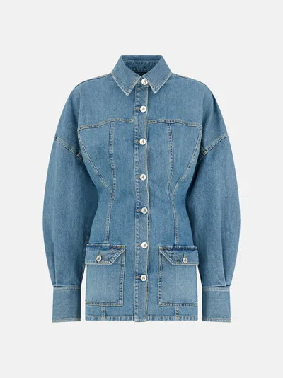 Attico Denim Mini Dress Front Pockets Long Sleeves In Blue