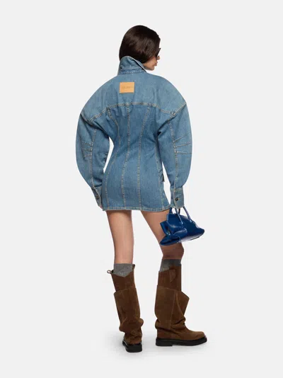 Attico Denim Mini Dress Front Pockets Long Sleeves In Blue