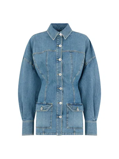 Attico Denim Mini Dress Front Pockets Long Sleeves In Blue