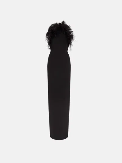 Attico Long Dress Cady Ostrich Feathers Detail In Brown