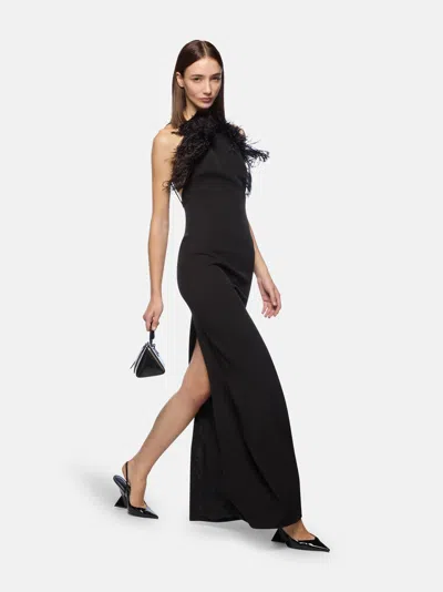 Attico Long Dress Cady Ostrich Feathers Detail In Brown
