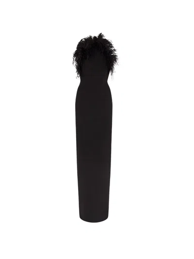 Attico Long Dress Cady Ostrich Feathers Detail In Brown