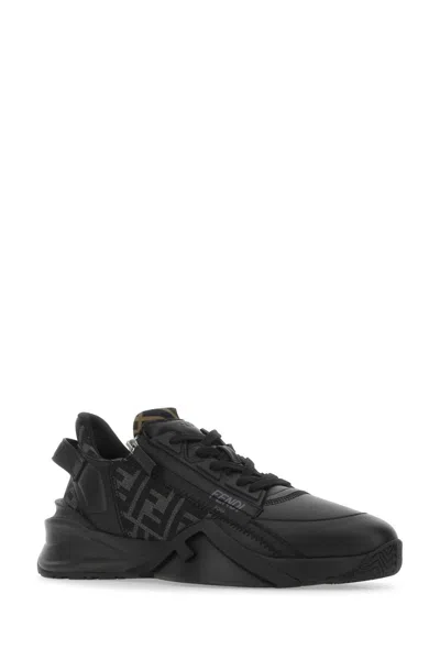 Fendi Men Leather Flow Sneakers With Ff Jacquard Fabric Inserts In Black