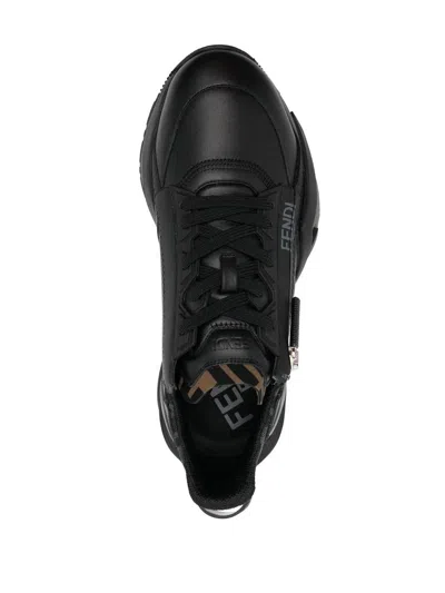 Fendi Men Leather Flow Sneakers With Ff Jacquard Fabric Inserts In Black