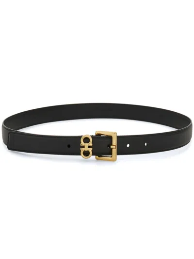 Ferragamo Double Gancini Smooth Leather Slim Belt In Black
